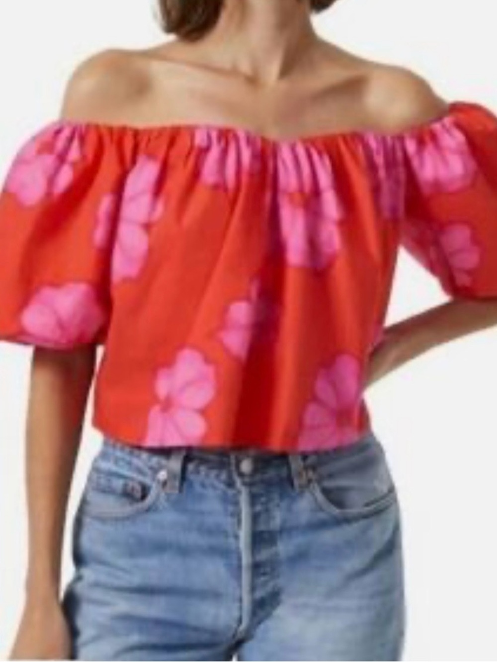 RHODE Scarlet Off-Shoulder Puff Sleeve Top with Pink Floral